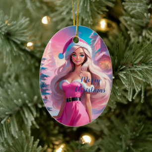 Adorno De Cerámica Hermoso Chica de Navidades rosados 01