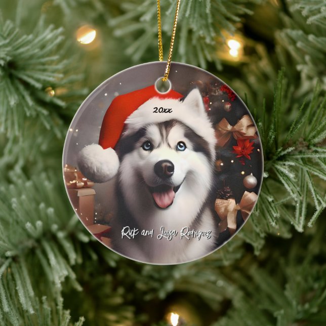 Adorno De Cerámica Hermoso Husky Siberiano con Santa Hat (Árbol)