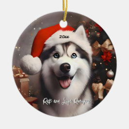 Adorno De Cerámica Hermoso Husky Siberiano con Santa Hat