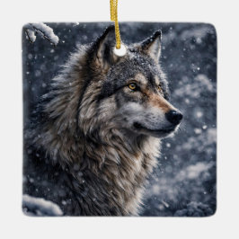 Adorno De Cerámica Hermoso Lobo en la Nieve Solsticio de Invierno