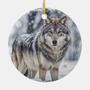 Adorno De Cerámica Hermoso lobo en Navidad de vacaciones de nieve