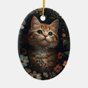 Adorno De Cerámica Hermoso Naranja Kitten con flores silvestres