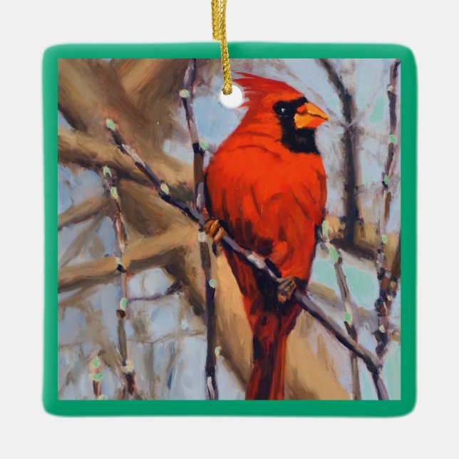 Adorno De Cerámica Hermoso Pájaro Cardenal Rojo En Árbol (Anverso)