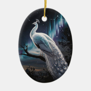 Adorno De Cerámica Hermoso Pavo Real Blanco Aurora Boreal Escénica
