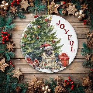 Adorno De Cerámica Hermoso perro Pug envuelto en luces de Navidad