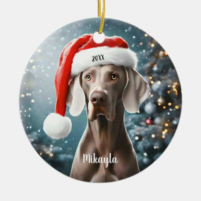 Adorno De Cerámica Hermoso Weimaraner con Navidades de Santa Hat (Frente)