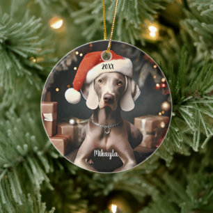 Adorno De Cerámica Hermoso Weimaraner con Navidades de Santa Hat