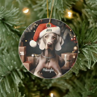 Adorno De Cerámica Hermoso Weimaraner con Navidades de Santa Hat