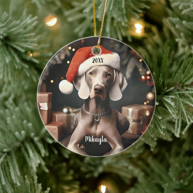 Adorno De Cerámica Hermoso Weimaraner con Navidades de Santa Hat (Árbol)