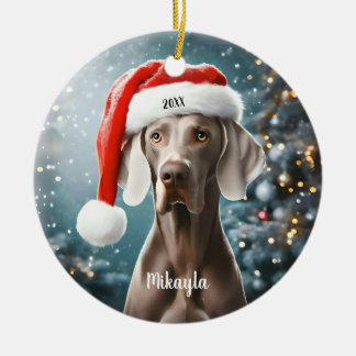 Adorno De Cerámica Hermoso Weimaraner con sombrero de Santa Navidad