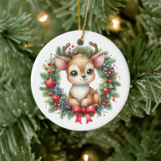 Adorno De Cerámica Hermoso wreath de ciervo de Navidad personalizado