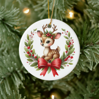 Adorno De Cerámica Hermoso wreath de ciervo de Navidad personalizado
