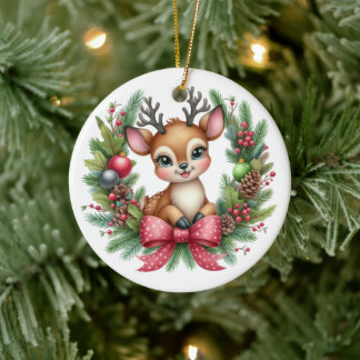 Adorno De Cerámica Hermoso wreath de ciervo de Navidad personalizado