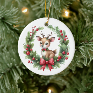 Adorno De Cerámica Hermoso wreath de ciervo de Navidad personalizado