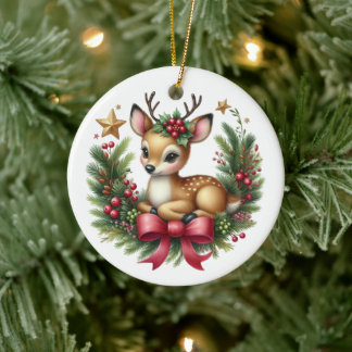 Adorno De Cerámica Hermoso wreath de ciervo de Navidad personalizado