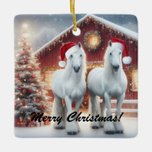 Adorno De Cerámica Hermosos caballos blancos con sombreros de santa