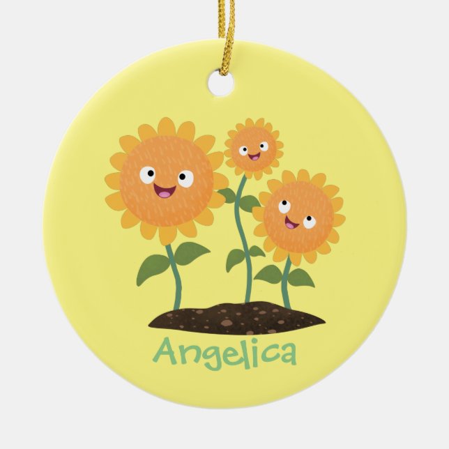 Adorno De Cerámica Hermosos girasoles alegres sonrientes ilustracion  (Frente)