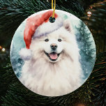 Adorno De Cerámica Hermosos Navidades de acuarela blanca y samoyana<br><div class="desc">Cute acuarela Samoyed Perro Ornamento de Navidad con árboles de Navidad en el fondo. El regalo perfecto para los amantes de Samoyed.</div>