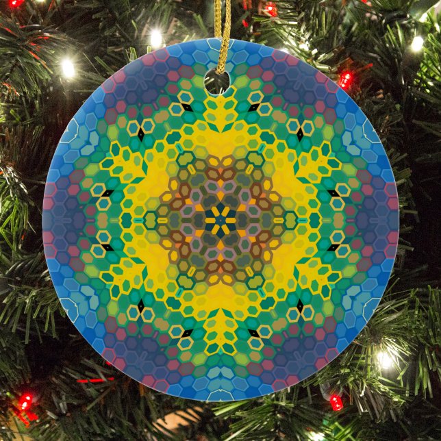 Adorno De Cerámica Hex Mandala amarillo azul y rosa (Yellow Blue and Pink Hexagon Mandala Christmas Ornament from Wormhole Orbital)
