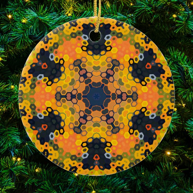 Adorno De Cerámica Hex Mandala Amarillo y Naranja (Yellow and Orange Hexagon Mandala Christmas Ornament from Wormhole Orbital)