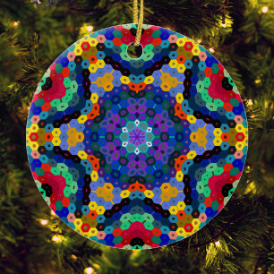 Adorno De Cerámica Hex Mandala Azul Amarillo Rojo y Verde