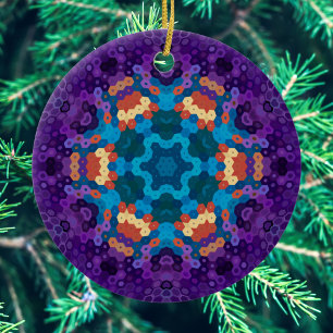 Adorno De Cerámica Hex Mandala Azul púrpura y Naranja