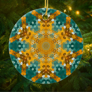 Adorno De Cerámica Hex Mandala azul y amarillo