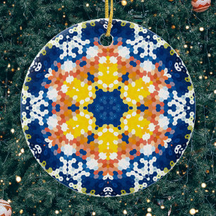 Adorno De Cerámica Hex Mandala Naranja amarillo azul y verde