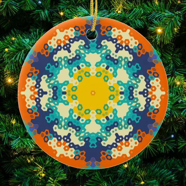 Adorno De Cerámica Hex Mandala Naranja azul y amarillo (Blue Orange and Yellow Hexagon Mandala Christmas Ornament from Wormhole Orbital)