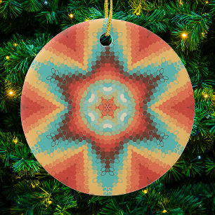 Adorno De Cerámica Hex Mandala Naranja azul y amarillo