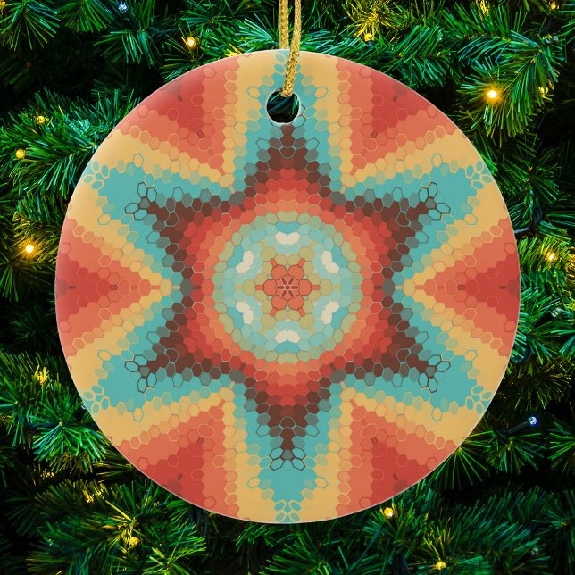 Adorno De Cerámica Hex Mandala Naranja azul y amarillo (Orange Blue and Yellow Hexagon Mandala Christmas Ornament from Wormhole Orbital)