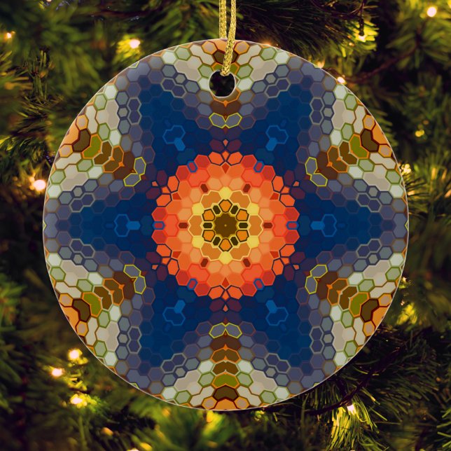 Adorno De Cerámica Hex Mandala Naranja azul y rojo (Blue Orange and Red Hexagon Mandala Christmas Ornament from Wormhole Orbital)
