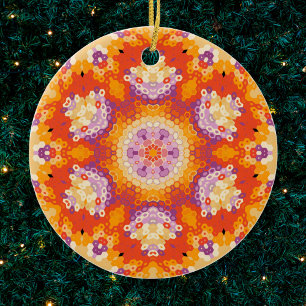 Adorno De Cerámica Hex Mandala Naranja Morado y Blanco