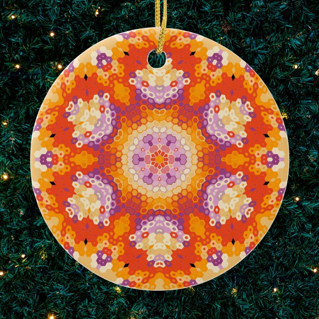 Adorno De Cerámica Hex Mandala Naranja Morado y Blanco (Orange Purple and White Hexagon Mandala Ornament by Wormhole Orbital)