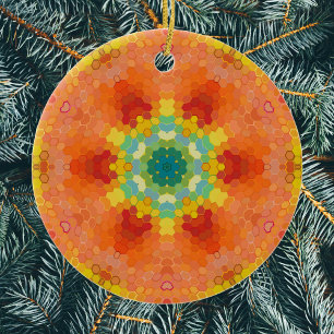 Adorno De Cerámica Hex Mandala Naranja Rojo amarillo y azul