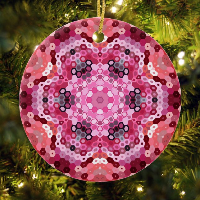 Adorno De Cerámica Hex Mandala Rojo rosa y Blanco (Pink Red and White Hexagon Mandala Christmas Ornament from Wormhole Orbital)