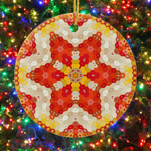 Adorno De Cerámica Hex Mandala rojo y amarillo