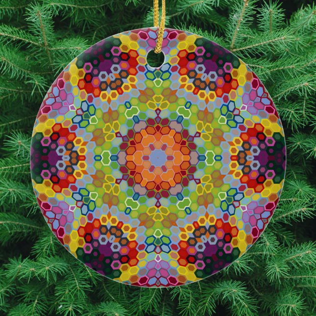 Adorno De Cerámica Hex Mandala Rosa verde y Naranja ( Green Pink and Orange Hexagon Mandala Christmas Ornament from Wormhole Orbital)