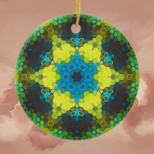 Adorno De Cerámica Hex Mandala Verde Amarillo y Azul