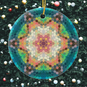 Adorno De Cerámica Hex Mandala Verde azul y rosa