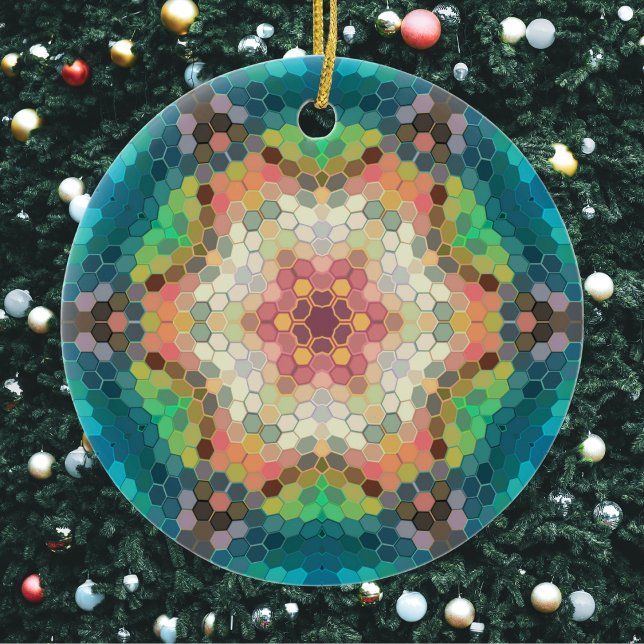Adorno De Cerámica Hex Mandala Verde azul y rosa (Blue Green and Pink Hexagon Mandala Christmas Ornament from Wormhole Orbital)