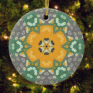 Adorno De Cerámica Hex Mandala Verde azulado amarillo y marrón