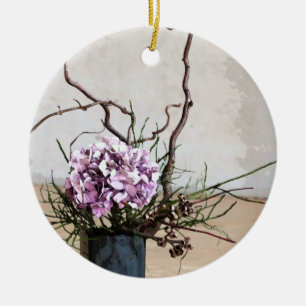 Adorno De Cerámica Hidrangea y acuarela de la base de madera