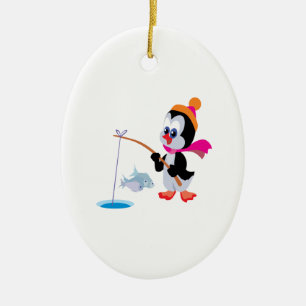 Adorno De Cerámica Hielo del pingüino que pesca 2
