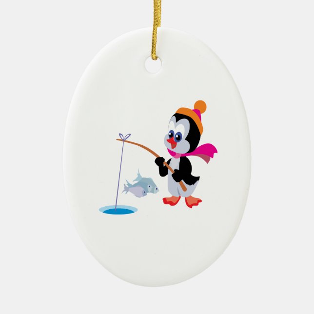 Adorno De Cerámica Hielo del pingüino que pesca 2 (Frente)