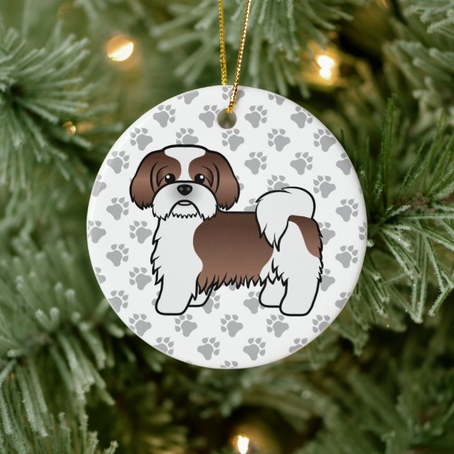 Adorno De Cerámica Hígado Y Blanco Shih Tzu Cute Perro De Caricatura (Árbol)