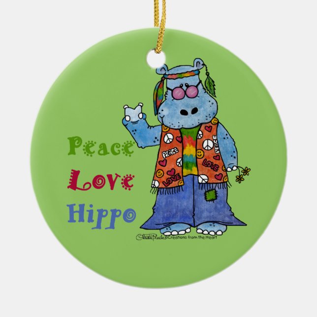 Adorno De Cerámica Hippie Hippo-Peace, Love, Hippo (Frente)