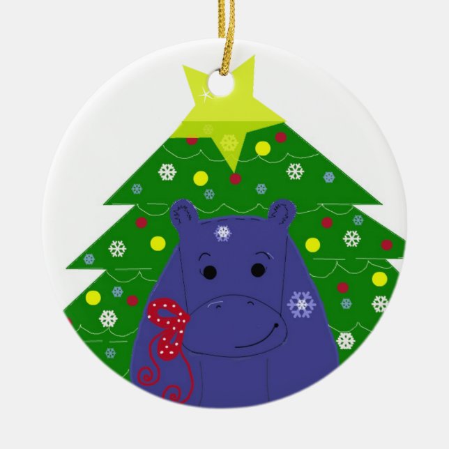 Adorno De Cerámica Hippo con un árbol de Navidad (Frente)