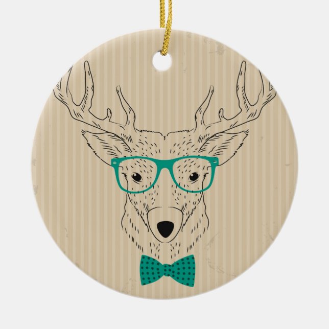 Adorno De Cerámica Hipster Reindeer Elk con lentes Navidades gruñidos (Frente)