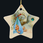 ADORNO DE CERÁMICA HISTORIA NIÑO ESCALERA DE DUCHA MONOGRAM AZUL SAPP<br><div class="desc">Elegante, colorido, vibrante estilo vintage verde azulado diseño blanco azul con un bebé y cigüeña voladora y una brillante piedra en 3D de Bulgan Lumini (c). Fácil de personalizar con su propio texto para invitaciones guardar-la-fecha, gracias, duchas de bebé, fiestas de cumpleaños para niños, o casi cualquier evento que desee!...</div>